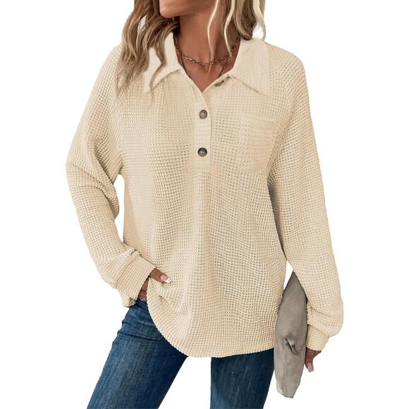 Tops - Womens Waffle Knit V-Neck Long Sleeve Button Top Casual Office Style